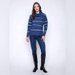 Coco Y Club Sailor Blue White Striped Knit Nautical Cowl Neck Sailor Sweater Top